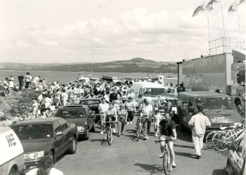 Cyclists arriving at the 'Hush Hush' to celebrate its refurbishment in 1992.