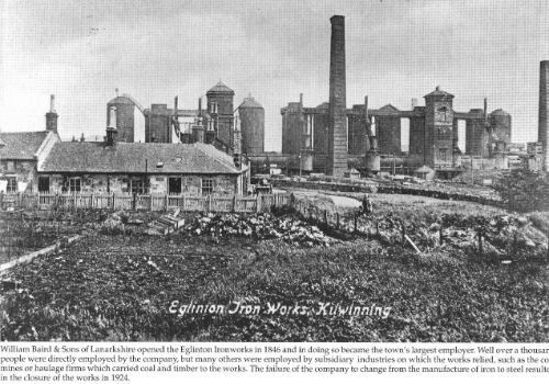 Eglinton Ironworks, showing the blast furnaces and some of the nearby houses.