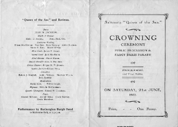 Queen of the Sea 1930 Programme. The programme and timetable for the 1930 Queen of the Sea Procession and Crowning. The Queen of the Sea pageant was inaugurated by the Town Council as part of the celebrations to mark the Quater Centenary (1528-1928) of the forming of Saltcoats into a Burgh of Barony.