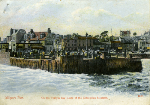 An old postcard image of Millport Pier.