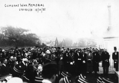 Millport Boys Brigade and the townspeople gather for the unveiling of the War Memorial.